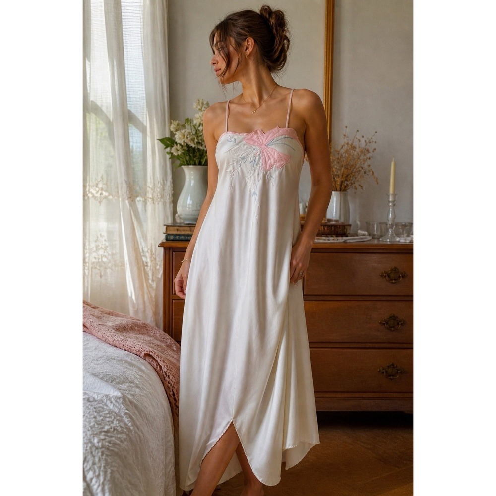 Vtg 80s Natori Slip Dress M Ivory Embroidered‎ Ivory Floral Applique Coquette
